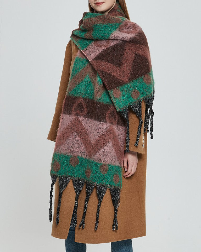Geometric Colour Block Tassel Wrap Scarf