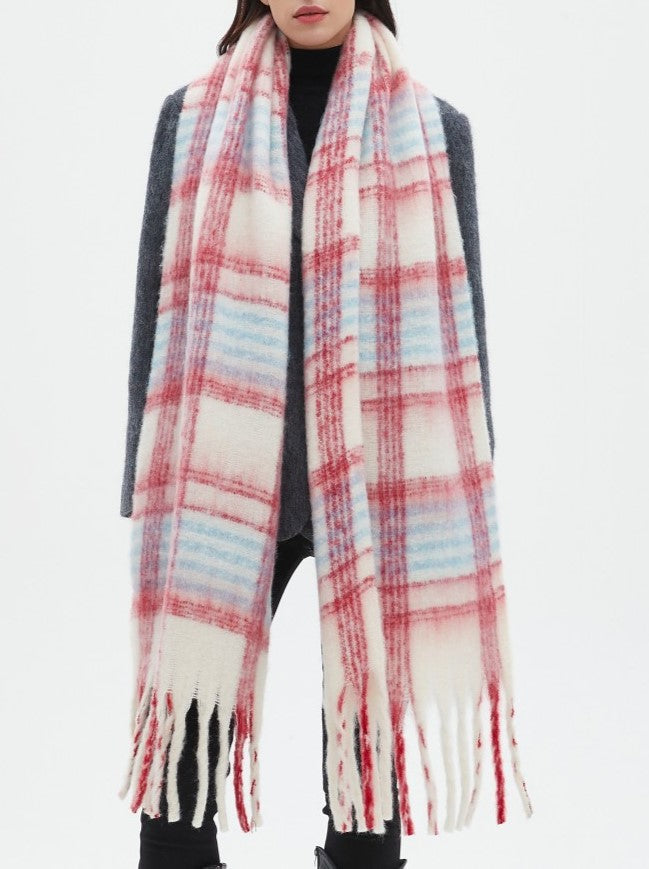 Brushed Plaid Blanket Scarf With Tassels